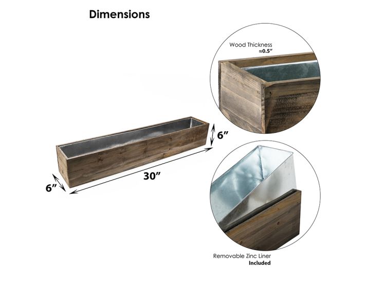 6 x 30 x 6 inch Wood Rectangle Window Box and Zinc liner