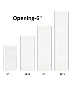 Our various Glass Hurricanes Chimney Tubes size options showcased alongside both votive candles or standard taper candles atop our glass candle holders