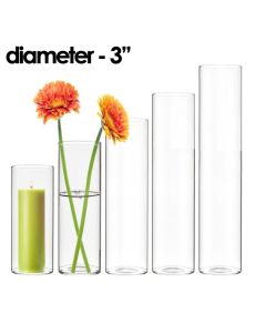 3" Wide Glass Cylinder Bud Vase, H-8",10",12",14",16" (Pack of 24 pcs)