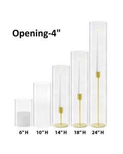 Our various Glass Hurricanes Chimney Tubes size options are displayed alongside both votive candles or standard taper candles atop our glass candle holders