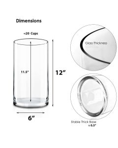 Glass Cylinder Vase 6" Diameter Wedding Centerpiece, Pack of 4 pcs-12 in-Pack of 4