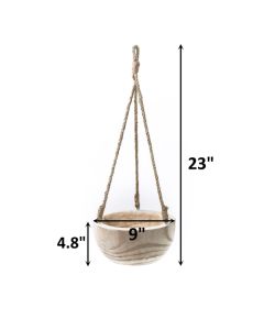 Hanging Wood Planter Bowl with Jute Rope, H-23", D-9" (Multiple Packing)-Pack of 2