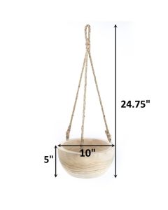 Hanging Wood Planter Bowl with Jute Rope, H-25", D-10" (Multiple Packing)-Pack of 2