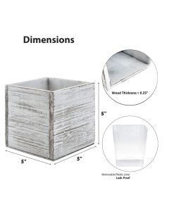 Wood Cube White Wash Planter Box w/ Plastic Liner Natural H-5" Open-5" x 5" (Multiple Packing)-Pack of 6