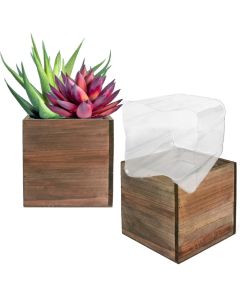 Wood Cube Planter Box w/ Plastic Liner Natural H-4" Open-4"x4" (Multiple Packing)-Pack of 12