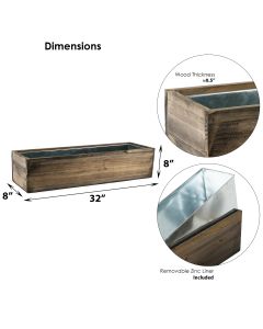 very long 32 inches wood planter box with metal zinc liner