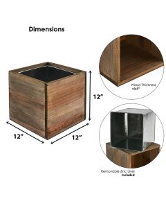 12 inch cube wooden planter box with zinc liner