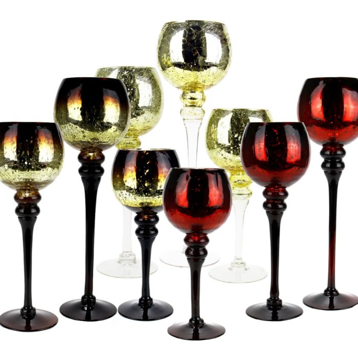glass mercury long stem candle holder crackled and etched