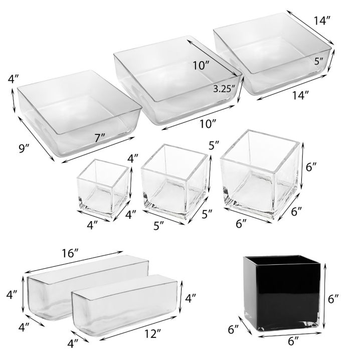 Square Clear Glass vases - size 4"x4", 5"x5", 6"x6", 7"x9", 10"x10", 14"x14" 