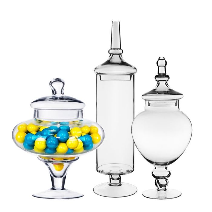 Glass Apothecary Candy Buffet Jar Set of 3. H-10",14.75",22"