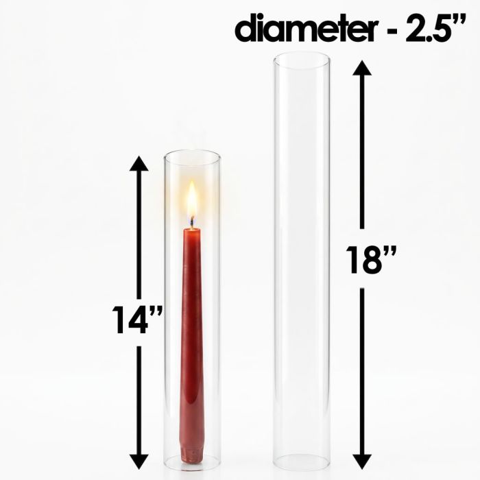 Glass Hurricanes Chimney Tubes 3 size options include 2" Diameter by 14" Tall and 2.5" diameter by either 14" or 18" tall