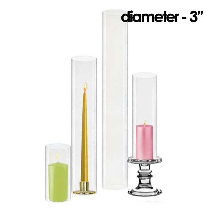 Our various Glass Hurricanes Chimney Tube Shades size  are showcased alongside both votive candles or standard taper candles atop our glass candle holders