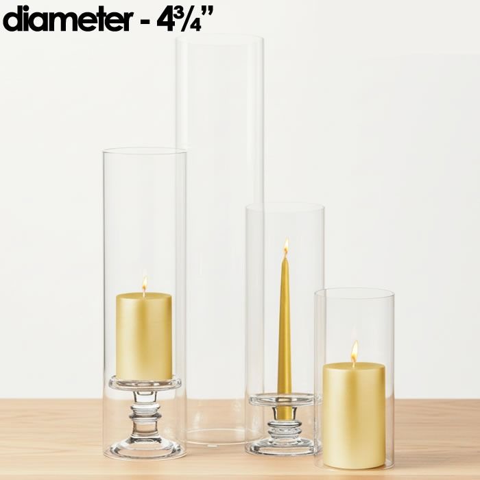 Our various Glass Hurricanes Chimney Tubes size options showcased alongside both votive candles or standard taper candles atop our glass candle holders