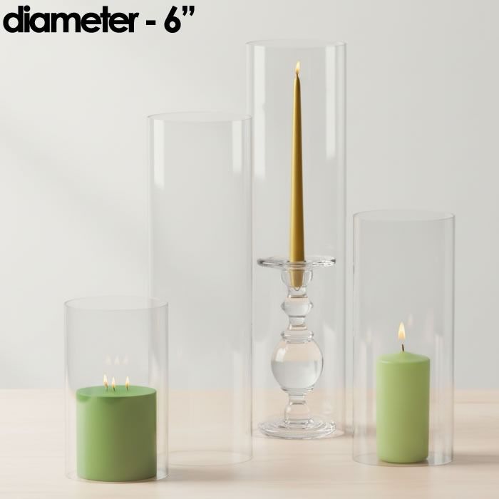 Our various Glass Hurricanes Chimney Tubes size options showcased alongside both votive candles or standard taper candles atop our glass candle holders
