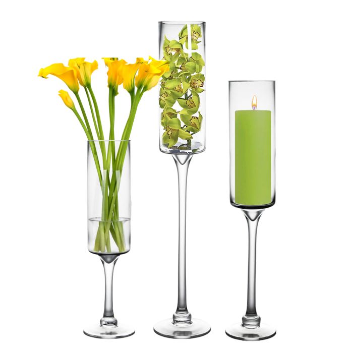 long stem glass pedestal candle holder 24, 20, 16 inches