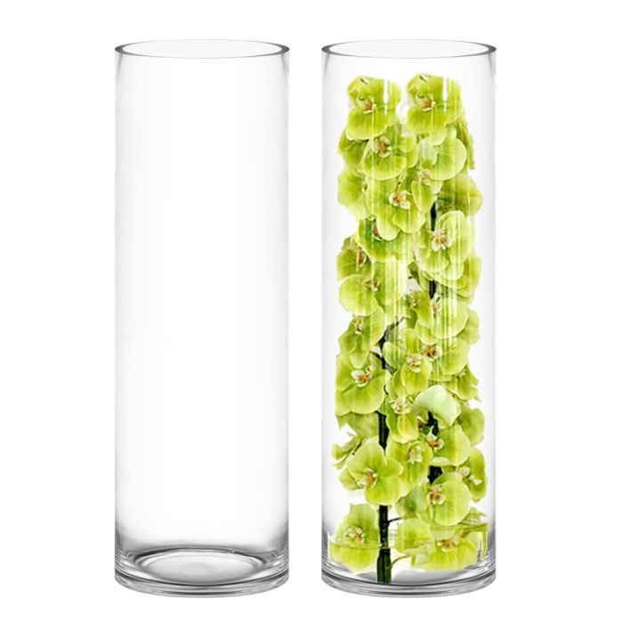 30 inches tall with 10 inches diameter glass cylinder vase