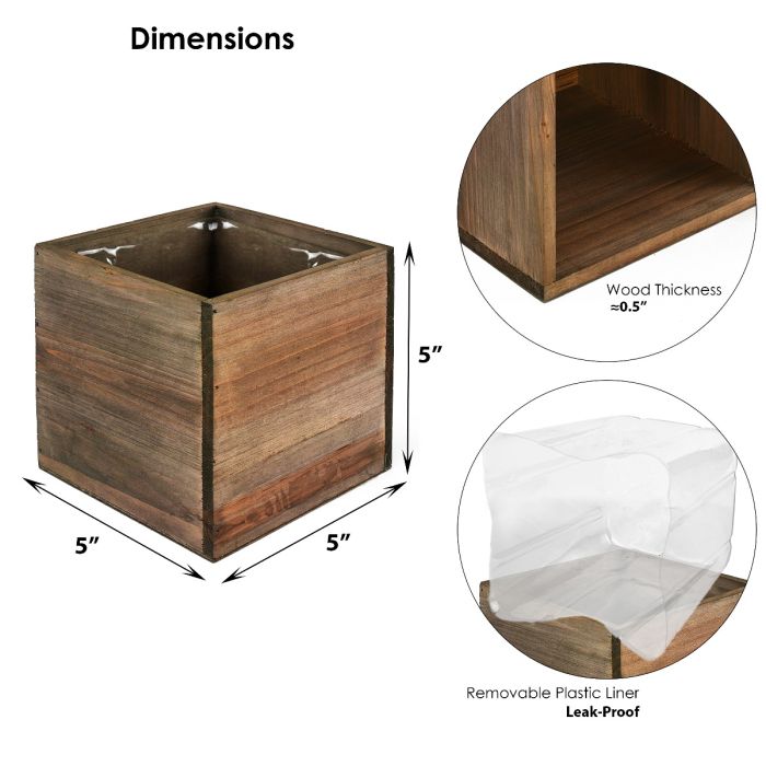 Natural Brown Wood Cube 5" x 5" x 5" Planter Box with Plastic Liner   Rustic Garden & Home Dcor