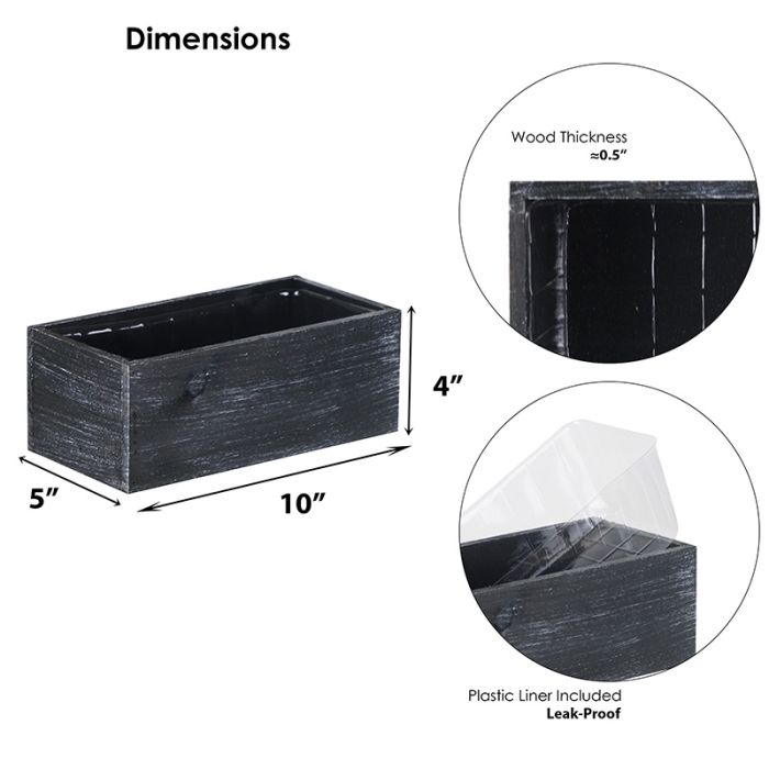 CYS EXcEL Natural Black Wood Rectangle Planter Box with Removable Plastic Liner (H:4 Open:10x5) Multiple Color Choices Rustic Wo