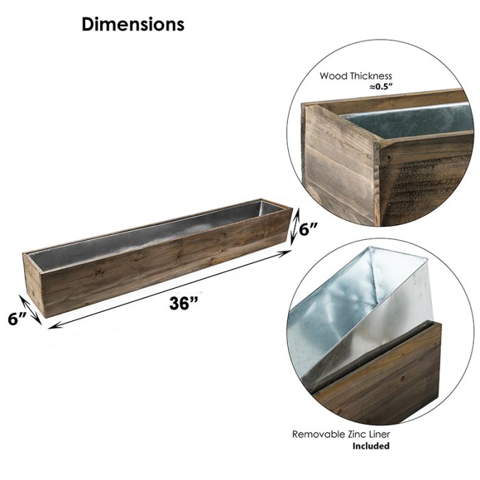 6 x 36 x 6 inch Wood Rectangle Planter Box and Zinc Liner