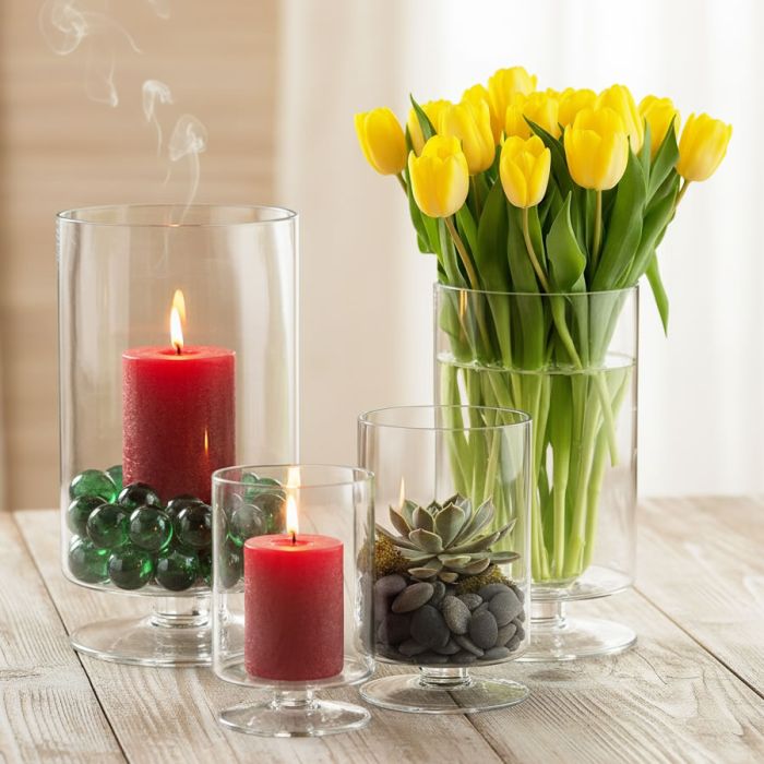 Short Stem Glass Pedestal Hurricane Candle Holders