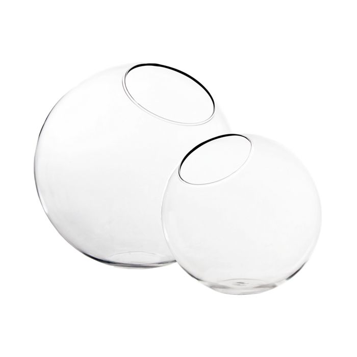 A glass terrarium bubble bowl with an asymmetrical / slant cut opening